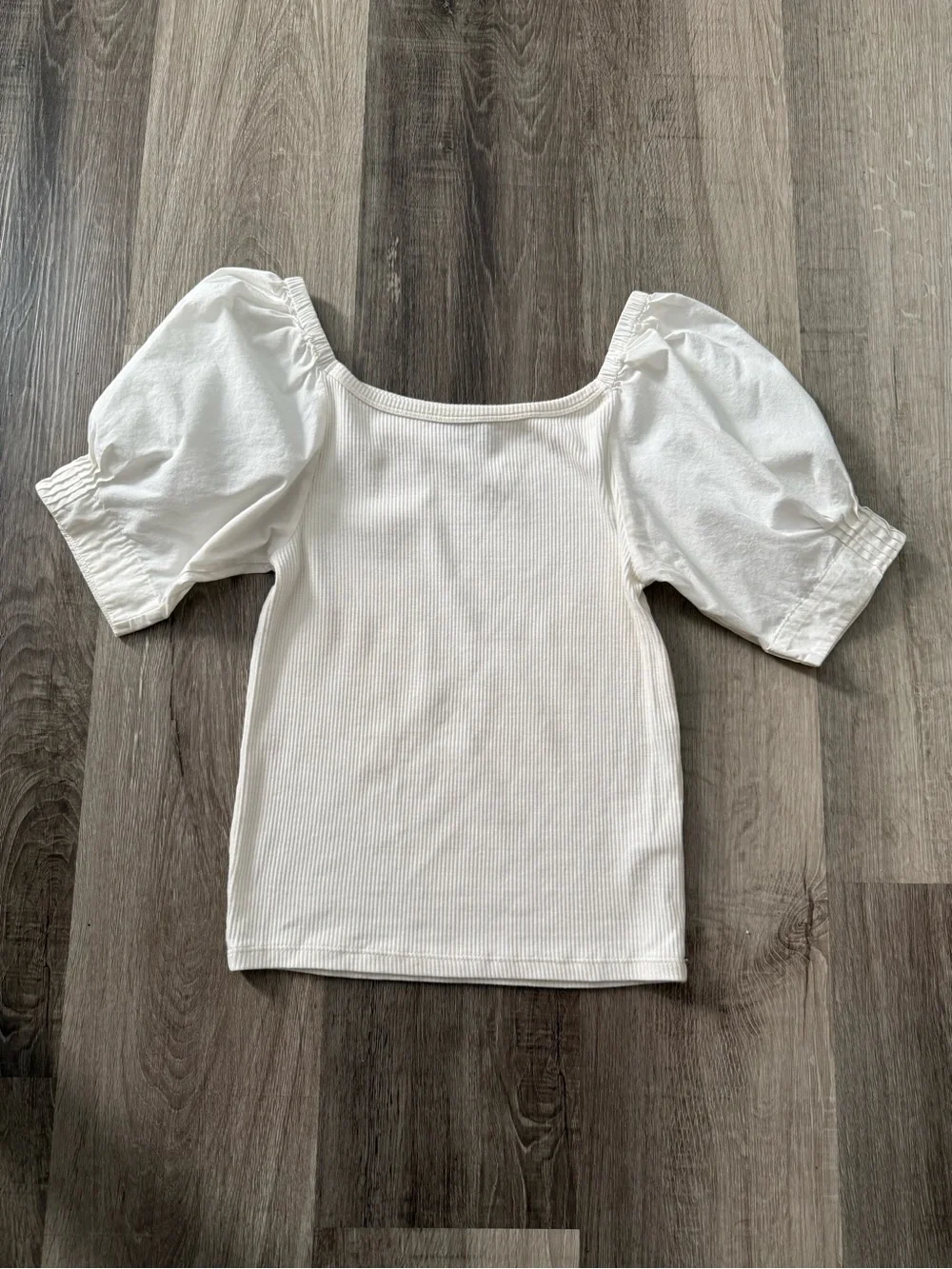 J. Crew Cream Ribbed Square-Neck Top with Puff Sleeves